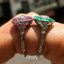 Diamond Ruby Platinum Ring Art Deco Hand Vintage Finish Antique Naturel