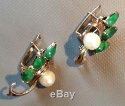 Earring Jade, Pearl, Gold, Art Nouveau Vintage, Jadeite Jade