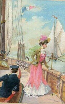 Gouache Vintage Drawing Drawing Old Woman, Boat, Dress, Sea, Impresionist