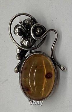 Handmade Vintage Art Nouveau Antique Silver Amber Brooch