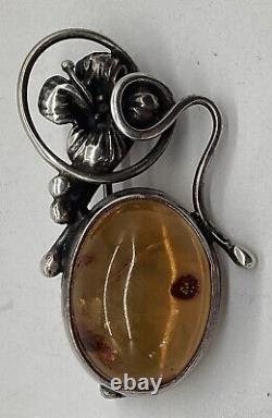 Handmade Vintage Art Nouveau Antique Silver Amber Brooch
