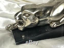 Incredible Vintage Bronze Silvery Cheetah Wild Cat Animal Large Marble Base