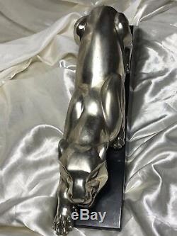 Incredible Vintage Bronze Silvery Cheetah Wild Cat Animal Large Marble Base