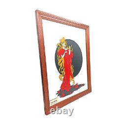 Large Vintage 70s Screen-Printed Mirror with Art Nouveau Design and Wooden Frame
