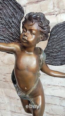 Large Vintage Style Art New Bronze Sculpture Winged Cupid Nude Male Statue