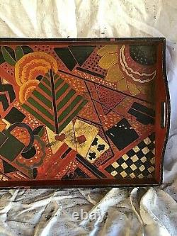 Large painted vintage Art Nouveau wooden tray