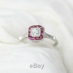 Main Diamond Cabochon Ruby Platinum Finish Antique Vintage Art Deco Ring