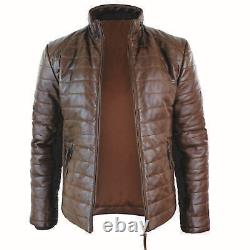 Men Genuine Leather Matelassed Doudoune Zipped Jacket Brown Vintage Casual Winter