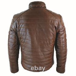 Men Genuine Leather Matelassed Doudoune Zipped Jacket Brown Vintage Casual Winter
