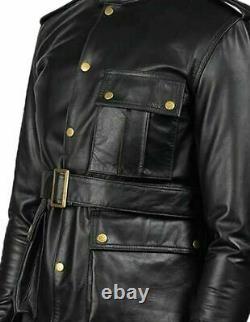 Men German Military Ww2 Parka Jacket Belt Coat Genuine Leather Dress