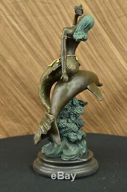 Metal Bronze Mermaid Dolphin Statue Vintage Art Deco Nude Art Nouveau Figurine