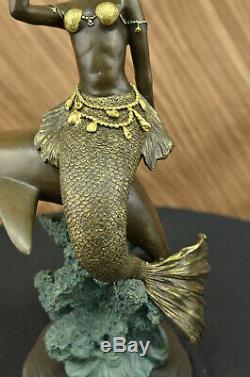 Metal Bronze Mermaid Dolphin Statue Vintage Art Deco Nude Art Nouveau Figurine