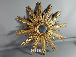 Mirror Sun Witch Eye, Golden Wood With Leaf. Vintage 50s