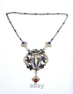 Old Gold Metal Old Plastron Necklace Enamelled Art Nouveau Mucha Style
