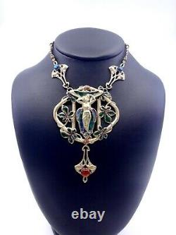 Old Gold Metal Old Plastron Necklace Enamelled Art Nouveau Mucha Style