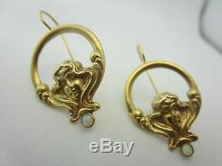 Old Vintage 14k Yellow Gold Opal Earring Art Nouveau Earrings