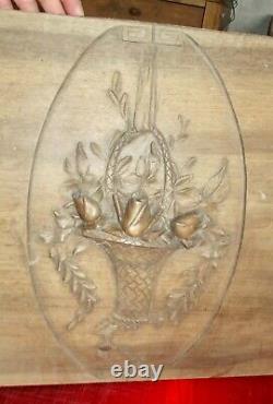 Old Wood Panel Carved Vintage Art Nouveau Pink Bouquet Basket