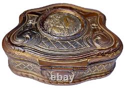 Old bronze jewelry box with woman and iris Art Nouveau vintage antique XIX