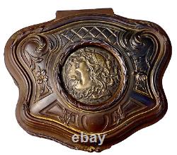 Old bronze jewelry box with woman and iris Art Nouveau vintage antique XIX