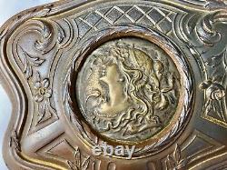 Old bronze jewelry box with woman and iris Art Nouveau vintage antique XIX