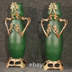 Pair Of French Vases In Art Style New Glass Vintage Metal Collection 900