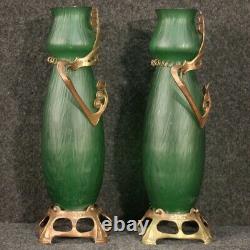 Pair Of French Vases In Art Style New Glass Vintage Metal Collection 900