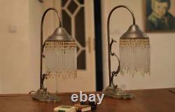 Pair Vintage Art Nouveau Table Lamps MID Century Crystal
