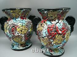 Pair Vintage Ceramic Vase Ancient Enamels
