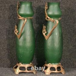 Pair of French Art Nouveau Style Vintage Glass Vases 900 Metal Collection