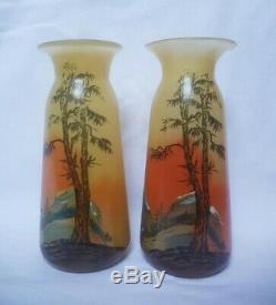 Rare Pair Legras Signed Landscape Glass Vases Art Nouveau Vintage Glass Pate