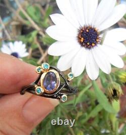 Rare antique Art Nouveau vintage ring in silver and gold with iolite and tourmaline.