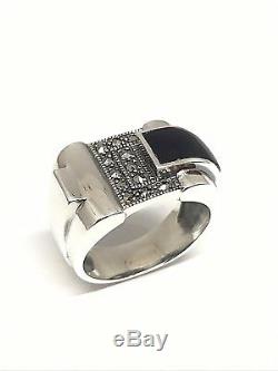 Silver Ring 925/1000 Art Deco Style, Onyx And Marcasites, Vintage Look