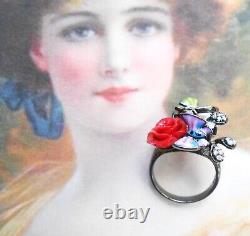 Splendid Vintage Art Nouveau Silver Ring with Rose Pearl Butterfly Sparkles