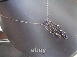 Superb Vintage Silver Sterling Sapphire & Pearl Art New Pendant Necklace