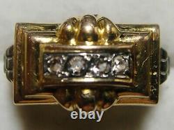 Tank Ring Vintage Art Nouveau Gold 18k 750 + 4x Diamonds Poisons 2,16g T59