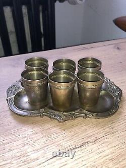 Tray And 6 Glass Of Vintage Silver Metal Liqueur
