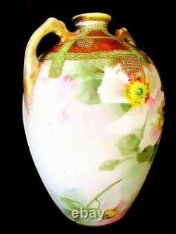 Vintage 1900 Art New Nippon Wild Roses Vase Brand Maple Leaf, Japan