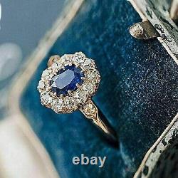 Vintage Art Deco 2.5ct Blue Oval Sapphire Engagement Ring 14k Yellow Gold Finish