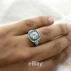 Vintage Art Deco 2.65 Ct Diamond Engagement Ring Emerald Green 14k White Gold