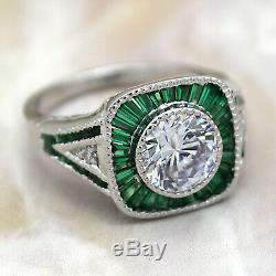Vintage Art Deco 2.65 Ct Diamond Engagement Ring Emerald Green 14k White Gold