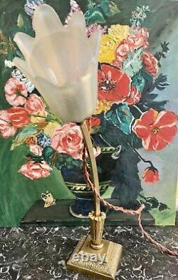 Vintage Art Deco Nouveau Bronze Minimalist Free Form Floral Torchiere Lamp