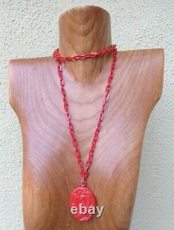 Vintage Art New Red Celluloid Woman With Calla Lily Pendant Necklace