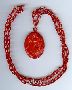 Vintage Art New Red Celluloid Woman With Calla Lily Pendant Necklace
