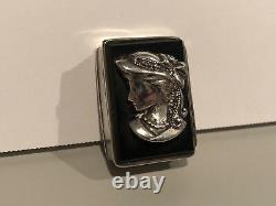 Vintage Art New Women Sterling Silver Marcasites Onyx Snuff Box Pill