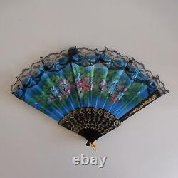 Vintage Art Nouveau Belle Époque Fan with Plastic, Fabric, Lace, and Brass Metal