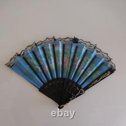 Vintage Art Nouveau Belle Époque Fan with Plastic, Fabric, Lace, and Brass Metal