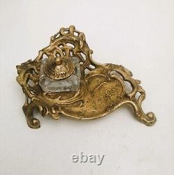 Vintage Art Nouveau Brass and Glass Inkwell in Napoleon III Style