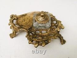 Vintage Art Nouveau Brass and Glass Inkwell in Napoleon III Style