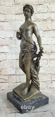 Vintage Art Nouveau Bronze Sculpture Woman 'Holding' Flower Signed A. Moreau Nude