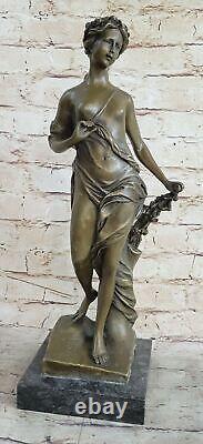 Vintage Art Nouveau Bronze Sculpture Woman 'Holding' Flower Signed A. Moreau Nude